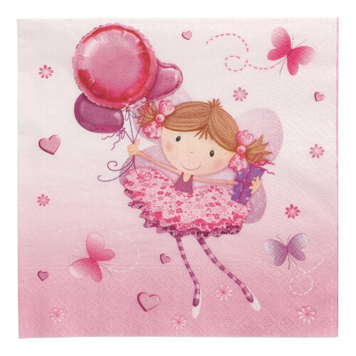 Une joyeuse fille en dessin animé dans une robe rose tient des ballons roses et un cadeau, entourée de cœurs et de papillons sur PAPSTAR 20 serviettes, 33x33 cm, 3 couches, 1/4 pli Design Set 3 de PAPSTAR GmbH avec un charmant fond rose.