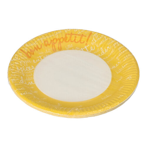Le PAPSTAR 10 assiettes, carton rond Ø 23 cm de PAPSTAR GmbH a un bord jaune avec « Bon appétit ! » en orange et une écriture cursive blanche sur le bord - idéal pour les fêtes et événements.