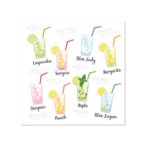 Illustration de neuf cocktails dans des verres avec glace, garnitures et PAPSTAR 20 serviettes, 25x25 cm 3 plis de la société PAPSTAR GmbH. Des cocktails comme Caipirinha, Sangria, Blue Lady, Margarita et Mojito sont servis avec des pailles et des tranches de fruits.