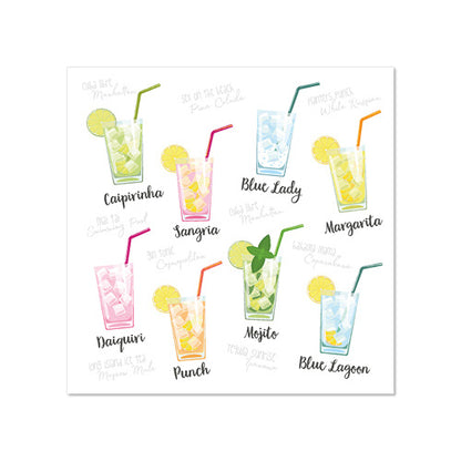 Illustration de neuf cocktails dans des verres avec glace, garnitures et PAPSTAR 20 serviettes, 25x25 cm 3 plis de la société PAPSTAR GmbH. Des cocktails comme Caipirinha, Sangria, Blue Lady, Margarita et Mojito sont servis avec des pailles et des tranches de fruits.