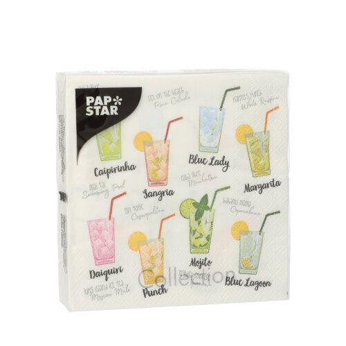Die 20 Servietten (25x25 cm, 3-lagig, 1/4-Falz) der PAPSTAR GmbH sind mit Illustrationen und Namen von Cocktails wie Caipirinha, Mojito und Margarita verziert – ideal für eine stilvolle Tischdekoration.