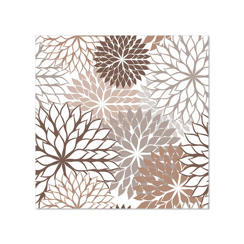 Les 20 serviettes (25 cm x 25 cm, 3 plis, 1/4 pli) de la société PAPSTAR GmbH présentent un design géométrique avec des formes florales superposées dans des tons de brun, beige et blanc, agencées dans un motif symétrique.