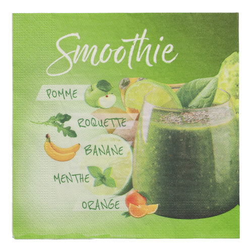 Een groene smoothie in een glas, met gelabelde Franse illustraties van appel, rucola, banaan, munt en sinaasappel op een groene achtergrond. Getoond met PAPSTAR GmbH 20 servetten (33x33 cm, 3-laags) design set 2. Bovenaan staat 'Smoothie'.