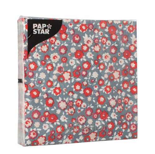 Un paquet de PAPSTAR GmbH 20 serviettes, 33 cm x 33 cm, 3 couches, 1/4 pli, Design Set 3 serviettes avec fond bleu et motif floral rouge, blanc, rose dans un emballage plastique transparent.