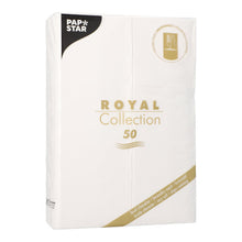 Un paquet de 50 serviettes PAPSTAR de la collection "ROYAL" (48 x 30 cm) avec pliage de couverts de PAPSTAR GmbH, au design blanc et doré, dans un emballage de marque.
