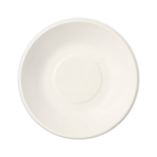 Un PAPSTAR bol de 100, canne à sucre «pure» de PAPSTAR GmbH est représenté de dessus sur un fond blanc. La soucoupe écologique dispose d'une cavité plate au centre, idéale pour tenir une tasse et servir de manière durable.
