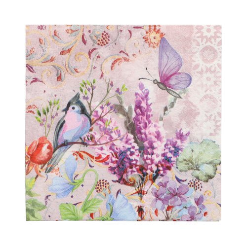 Les PAPSTAR GmbH 20 serviettes, 33 x 33 cm, 3 couches, présentent un motif floral coloré avec un oiseau et un papillon violet sur un fond clair à motifs; douces et décoratives de la série Design Set 3.