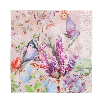 Les PAPSTAR GmbH 20 serviettes, 33 x 33 cm, 3 couches, présentent un motif floral coloré avec un oiseau et un papillon violet sur un fond clair à motifs; douces et décoratives de la série Design Set 3.