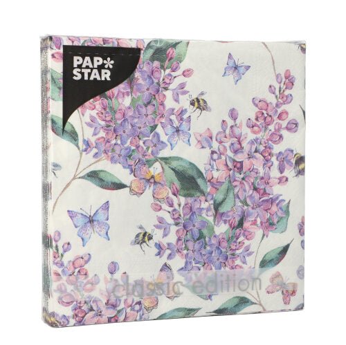 Un paquet de PAPSTAR GmbH serviettes à 3 couches (20 pièces, 33x33 cm, 1/4 pli) dans une pochette transparente avec motifs de fleurs et papillons en violet, rose et vert - de la collection élégante Design Set 3.