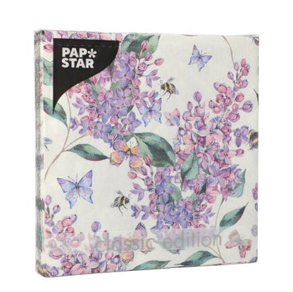 Un paquet de PAPSTAR GmbH serviettes à 3 couches (20 pièces, 33x33 cm, 1/4 pli) dans une pochette transparente avec motifs de fleurs et papillons en violet, rose et vert - de la collection élégante Design Set 3.