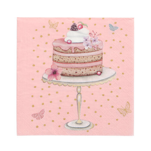 Un gâteau à trois couches avec glaçage rose, crème fouettée, baies et fleurs sur un support, devant un fond rose avec des points dorés et des papillons - idéal pour PAPSTAR GmbH 20 serviettes 33 cm x 33 cm 3 plis Design Set 1.