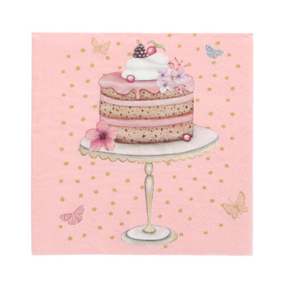 Un gâteau à trois couches avec glaçage rose, crème fouettée, baies et fleurs sur un support, devant un fond rose avec des points dorés et des papillons - idéal pour PAPSTAR GmbH 20 serviettes 33 cm x 33 cm 3 plis Design Set 1.