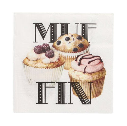 PAPSTAR 20 serviettes (33x33 cm, 3 couches, 1/4 pli, Design Set 3) de PAPSTAR GmbH montrent trois muffins avec des baies et du glaçage au-dessus et en dessous du mot "MUFFIN" en grandes lettres noires.