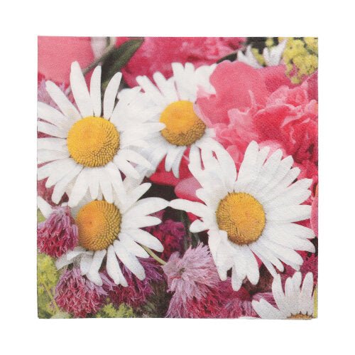Les PAPSTAR 20 serviettes, 33 cm x 33 cm, 3 plis de PAPSTAR GmbH ont un design floral avec des marguerites blanches et des fleurs colorées et apportent une élégance vibrante à votre table.