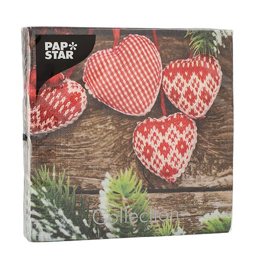 Les PAPSTAR GmbH 20 serviettes (33x33 cm, 3 plis, 1/4 pliage, Design Set 3) montrent des ornements en forme de cœur rouge et blanc sur du bois avec des branches de sapin - idéal pour la décoration de table festive.