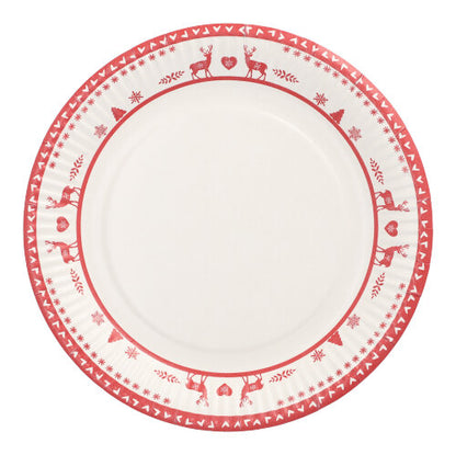 Le set de 10 assiettes de PAPSTAR GmbH se compose d'assiettes en carton rondes blanches (Ø 23 cm) avec un bord rouge, décorées de rennes, de cœurs et de motifs géométriques. Idéales assiettes jetables pour fêtes et événements ; le centre de l'assiette est simple.