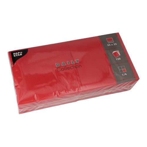 Het pakket van PAPSTAR GmbH omvat 150 servetten van de "DAILY Collection" in het formaat 32 x 32 cm met klassieke 1/4-vouw.