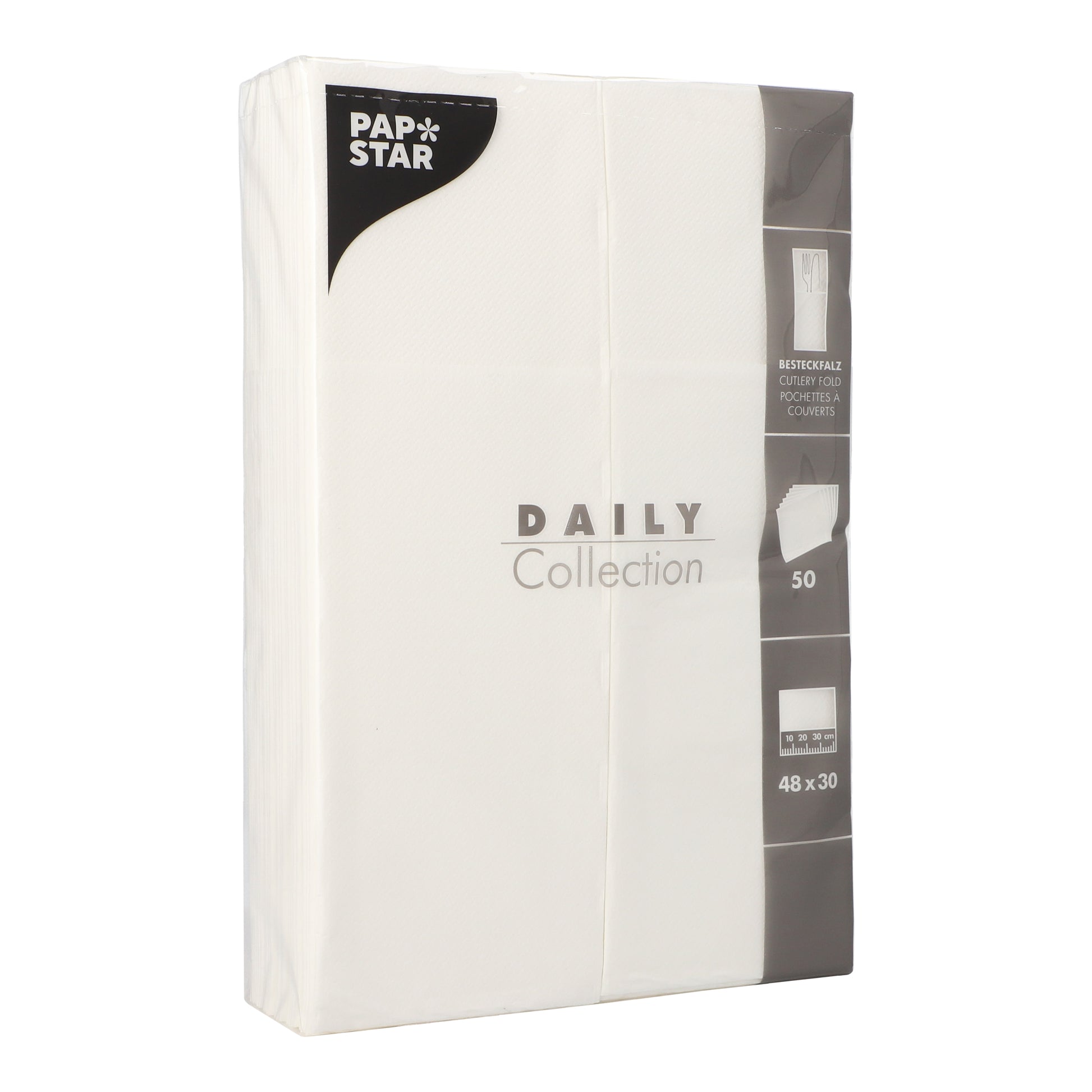 Eine Packung mit 50 Servietten „DAILY Collection“ (48 cm x 30 cm, Besteckfalz) der PAPSTAR GmbH enthält weiße Servietten mit Produktinformationen und Abbildungen auf der rechten Seite der Verpackung.
