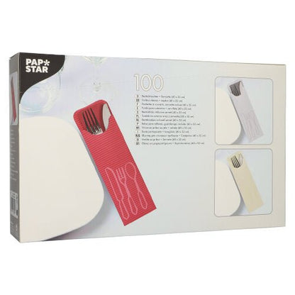 Een doos met 100 PAPSTAR bestekzakjes (23,5 x 7,3 cm) met kleurrijke bistro-servetten, elk met bestekvakken – ideaal voor de horeca; van de PAPSTAR GmbH.