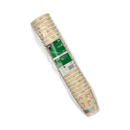 25 PAPSTAR drinkbekers "Candy Canes" (0,2 l, Ø 8 cm), crèmekleurige, dubbelwandige bekers met rood zuurstokmotief van PAPSTAR GmbH in een kunststofverpakking; de productinformatie is zichtbaar op het groene etiket.