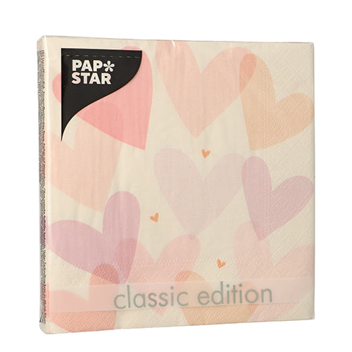Een pak PAPSTAR 20 servetten, 33 cm x 33 cm, 3-laags, 1/4-vouw, Design Set 2 van PAPSTAR GmbH toont overlappende pastelkleurige harten in roze-, paarse- en oranje tinten.