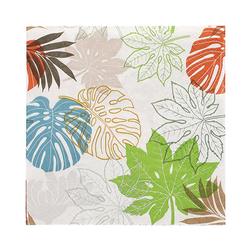 PAPSTAR GmbH 20 serviettes, 33x33 cm, 3 plis, Design Set 1 : serviettes en papier avec motif de feuilles tropicales en vert, bleu, orange, marron et beige sur fond blanc. Certaines feuilles sont entièrement colorées, d'autres seulement bordées.