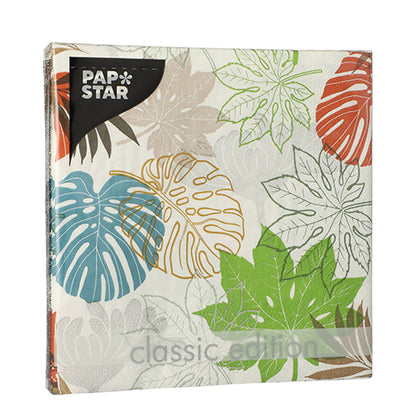 Un paquet de PAPSTAR GmbH 20 serviettes, 33x33 cm, 3 plis, pliées 1/4, Design Set 1 serviettes avec un motif de feuilles colorées sur fond blanc.