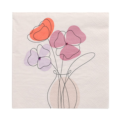 Les PAPSTAR 20 serviettes, 33 cm x 33 cm, 3 plis de PAPSTAR GmbH présentent un vase avec des fleurs abstraites rouges et violettes, bordées de noir, sur un fond clair.