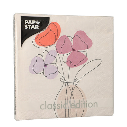 Un paquet de PAPSTAR 20 serviettes, 33x33 cm, 3 plis, pliées 1/4, de PAPSTAR GmbH, Set 1 avec le motif d'un vase avec des fleurs abstraites roses et orange sur le devant.
