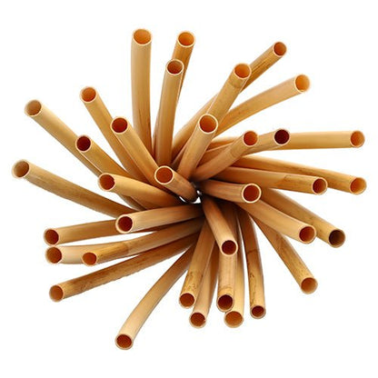 Een bundel PAPSTAR rietjes riet "puur" (10 mm x 25 cm, 50 stuks) van milieuvriendelijk riet, van bovenaf cirkelvormig gerangschikt, op een witte achtergrond.