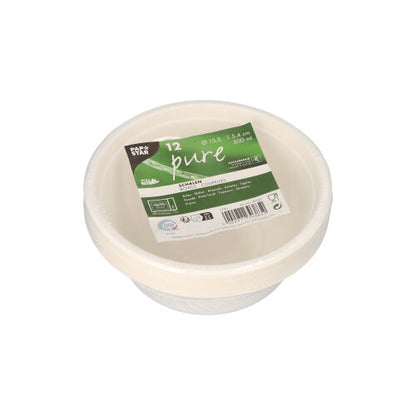 Une pile de 12 PAPSTAR bols, canne à sucre « pure » de la PAPSTAR GmbH dans un emballage avec une étiquette verte. Chaque bol jetable écologique a une capacité de 500 ml et est fabriqué à partir de matériau biodégradable.