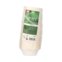 Une pile de 50 coupelles Fingerfood en canne à sucre, blanches, 3x9,5x6 cm "Wave" de PAPSTAR GmbH, enveloppée dans du plastique avec des informations sur le produit et des symboles de recyclage, comme indication des emballages Fingerfood durables.