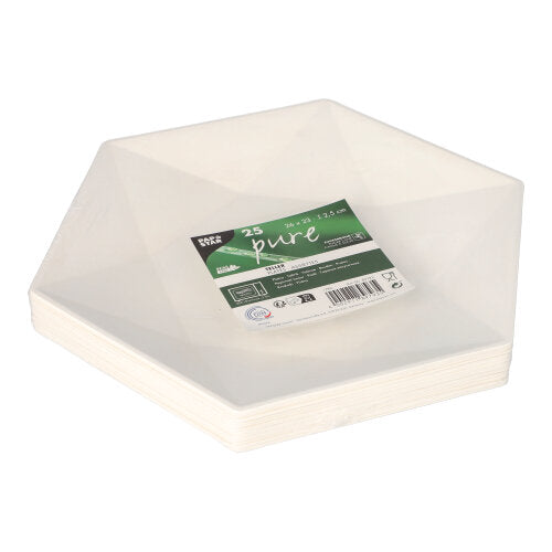 Een stapel witte, zeshoekige PAPSTAR suikerrietborden "pure" 6-hoekige platen (25 stuks, milieuvriendelijk) van PAPSTAR GmbH, met een groen-wit etiket met productinformatie en barcode aan de bovenkant.