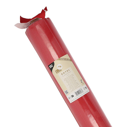 Een rol tafelkleed "ROYAL Collection" van PAPSTAR GmbH, 20 m x 1,18 m, in de kleur rood met een beige etiket en gedeeltelijk opgerolde bovenrand, gemaakt van hoogwaardige PV-Tissue Mix voor een stofachtige aanraking.