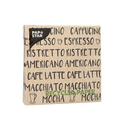 PAPSTAR 20 serviettes, 25x25 cm, 3 plis, avec des motifs de café comme Cappuccino et Espresso en noir – idéales pour une décoration de table élégante. Marque : PAPSTAR GmbH.