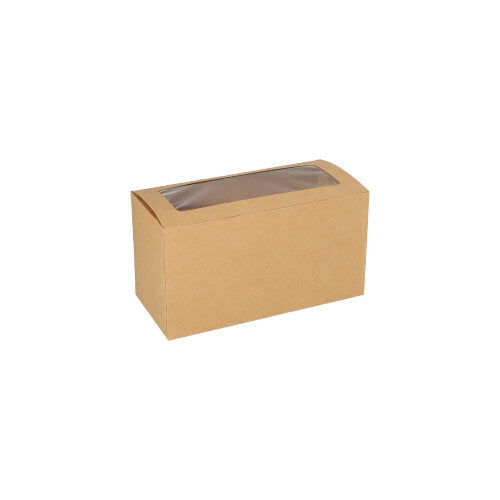 La boîte à cupcakes de 25 PAPSTAR, carrée (10 cm) en carton brun avec fenêtre en PLA de {{04457ac2b6d89c5d62321b0}} GmbH, est biodégradable et est présentée sur fond blanc.