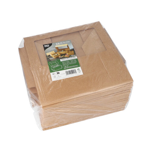 Une pile de boîtes à cupcakes carrées de 25 PAPSTAR 10 cm avec fenêtre en PLA, aplatie et emballée dans du film plastique. L'étiquette produit de PAPSTAR GmbH avec images et texte est visible sur le dessus de la boîte biodégradable.
