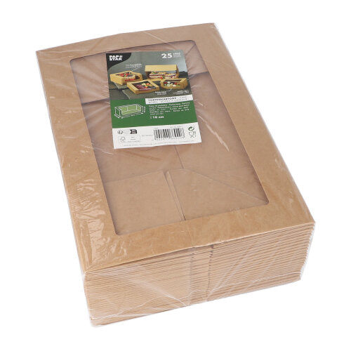 Die PAPSTAR GmbH bietet 25 eckige Tortenkartons mit Deckel und Sichtfenster aus PLA, umweltfreundlich, zusammen verpackt und in Folie eingeschweißt. Oben auf der Packung befindet sich ein grün-weißes Produktetikett.