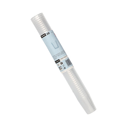 Een stapel van 50 heldere, onbreekbare Starpak herbruikbare glazen voor sterke drank van PP, verpakt in cilindervorm met blauw-wit etiket rond het midden.