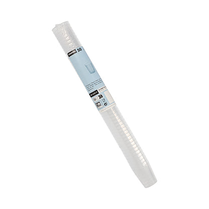 Een rol met 50 Starpak herbruikbare glazen voor sterke drank van onbreekbaar polypropyleen (PP) is voorzien van transparante verpakking met etiket, merknaam en een kleine afbeelding van een glas.