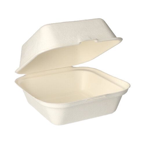 Les boîtes à hamburgers en canne à sucre "pure" (8x14x15 cm, blanc) de la PAPSTAR GmbH sont des conteneurs à emporter blancs et rectangulaires avec un couvercle à charnière en canne à sucre compostable, parfaits pour des repas respectueux de l'environnement. Paquet de 25 pièces.