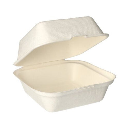 Les boîtes à hamburgers en canne à sucre "pure" (8x14x15 cm, blanc) de la PAPSTAR GmbH sont des conteneurs à emporter blancs et rectangulaires avec un couvercle à charnière en canne à sucre compostable, parfaits pour des repas respectueux de l'environnement. Paquet de 25 pièces.