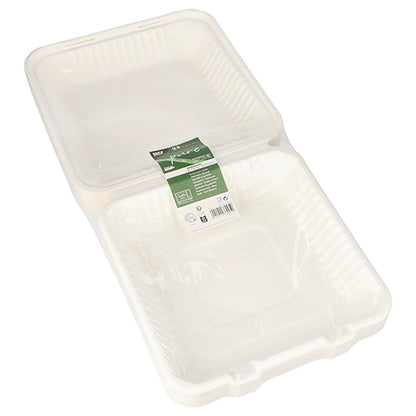 Une pile de PAPSTAR 25 boîtes à menu en canne à sucre blanche, durable, emballée de manière hygiénique dans un film plastique et avec une étiquette verte – idéale pour le catering à emporter; un produit de qualité de PAPSTAR GmbH.