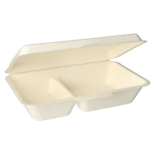 Une boîte à menu blanche, rectangulaire PAPSTAR en bagasse avec deux compartiments et couvercle rabattable de la marque PAPSTAR GmbH, proposée sous le nom « 25 boîtes à menu, bagasse pure », ouverte et vide présentée sur fond blanc.