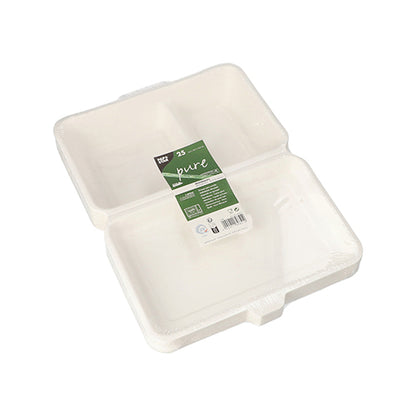 Une boîte à menu blanche, rectangulaire PAPSTAR GmbH en bagasse « pure » est ouverte et montre une étiquette « pure » verte avec des informations sur le produit. Produit : PAPSTAR 25 boîtes à menu, bagasse « pure » blanche.