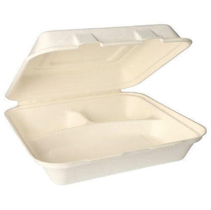 Les PAPSTAR 25 boîtes à menu en canne à sucre blanche de la PAPSTAR GmbH sont des contenants à emporter rectangulaires, compostables, avec un couvercle ouvert et un intérieur vide et compartimenté – parfaits pour des plats à emporter et un catering écologiques.