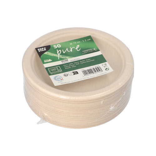PAPSTAR 50 borden, suikerriet "pure" van PAPSTAR GmbH: 15 cm grote, duurzame wegwerpborden van suikerriet, milieuvriendelijk verpakt in plastic met groen-wit label - onderdeel van een bewuste productlijn.