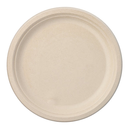 Een eenvoudige, ronde PAPSTAR 50 borden suikerriet "pure" van de PAPSTAR GmbH, gemaakt van composteerbaar materiaal. Het is beige met een licht verhoogde rand, ongedecoreerd en van bovenaf afgebeeld op een witte ondergrond.