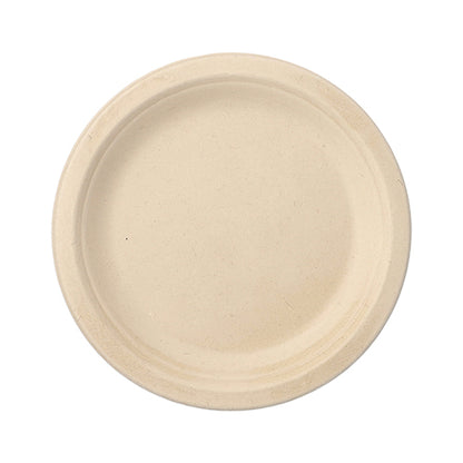 De 12 borden suikerriet "pure" ongescheiden van de PAPSTAR GmbH zijn ronde, beige borden met een glad oppervlak en een platte rand. Tegen een witte achtergrond zijn ze milieuvriendelijk - perfect voor elke milieubewuste bijeenkomst.