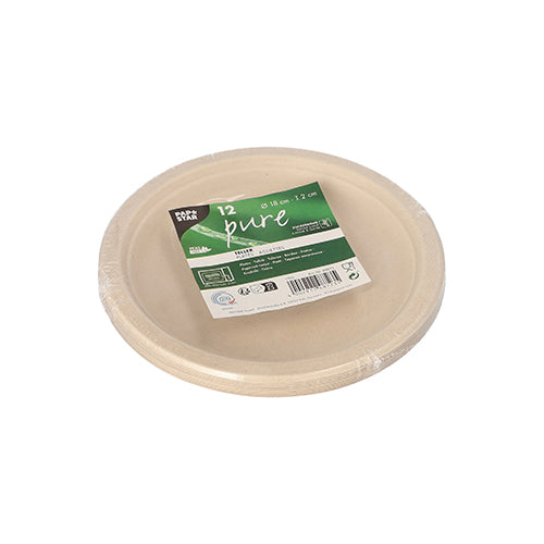 Een stapel van 12 ronde, beige PAPSTAR suikerriet "pure" wegwerpborden, gemaakt van biologisch afbreekbaar suikerriet en verpakt in plastic folie. Het bovenste bord heeft een groen-wit milieulabel van de PAPSTAR GmbH met productdetails.